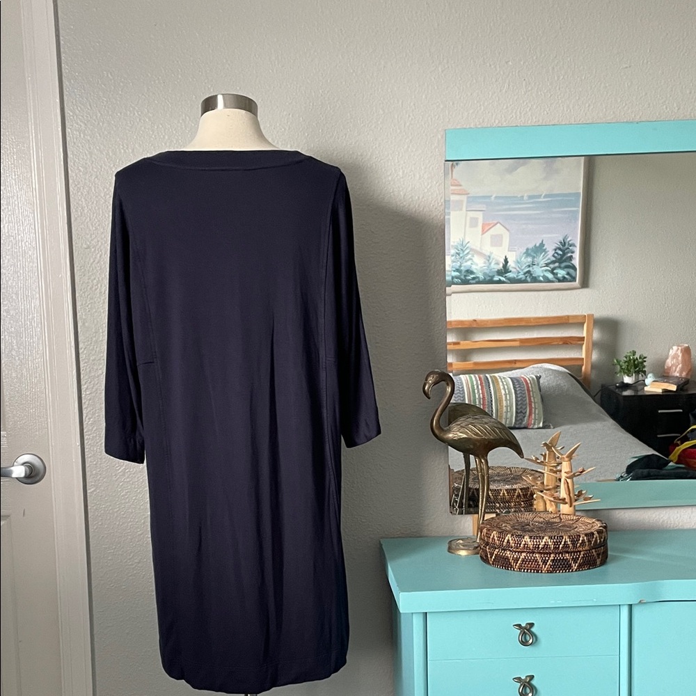 J. Jill Navy Blue Tranquility Fleece V-Neck 3/4 Sleeve Popover Dress Comfort - Picture 2 of 10